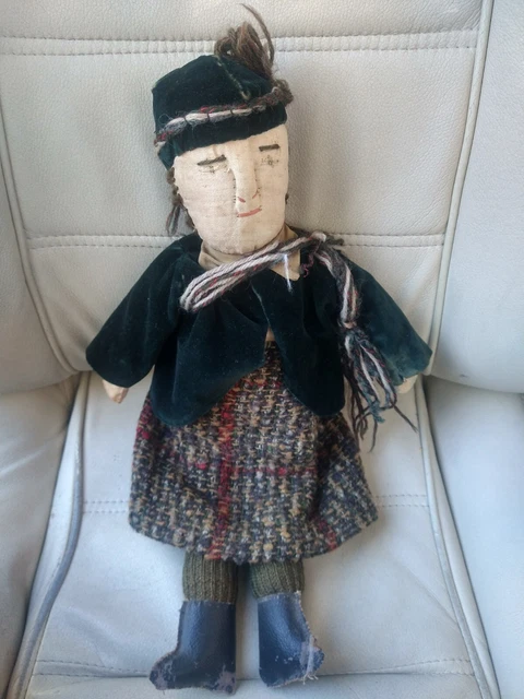 Antique Primitive Folk Art Cloth Rag Doll Tweed Green Americana Raggedy Ann