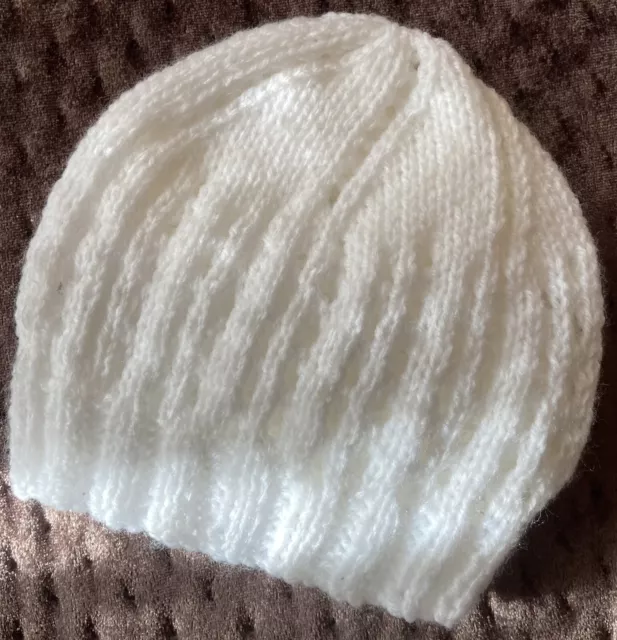 Newborn Baby Beanie/Hat. Extra Soft White. Hand-Knitted By Me. Cute Pattern