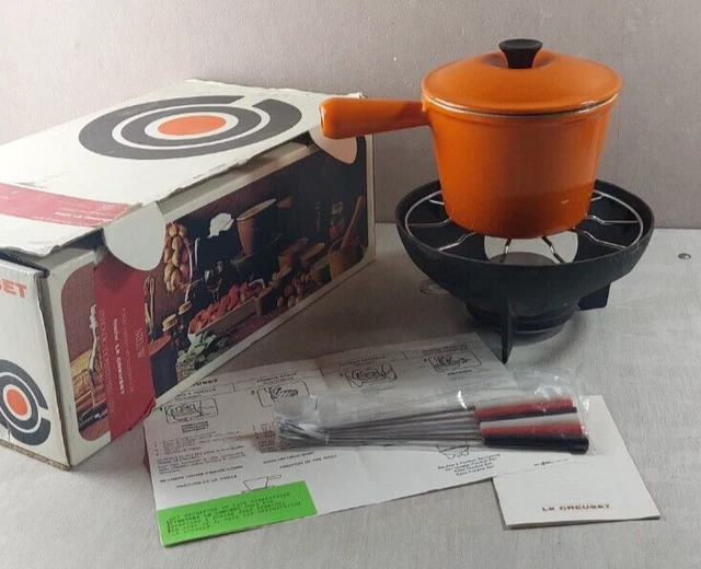LE CREUSET SERVICE A FONDUE Poêlons EN FONTE MARRON COMPLET EN BOITE N3