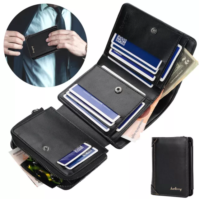 Mens RFID Blocking Leather Credit Card ID Holder Trifold Wallet Zipper Purse