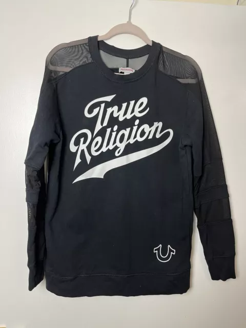 True Religion schwarzes Logo Netzärmel Sweatshirt Top Größe S UK 10 8