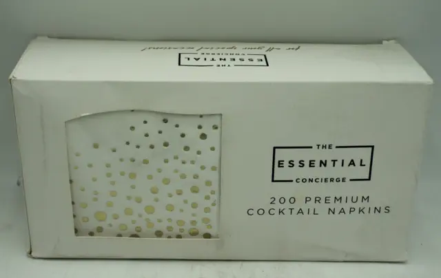 The Essential Concierge 200 Premium Cocktail Napkins White&Gold -New Damaged Box