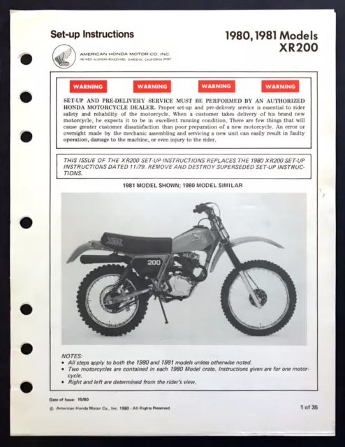 1980-1981 Honda XR200 Motorcycle Original Factory Set-Up Instruction Manual