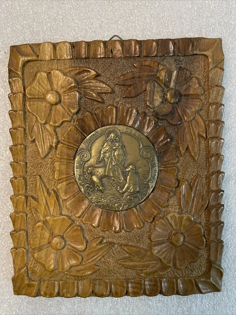 Hand Carved Religious Wood Plaque medallion Our Lady of the Watch Pavarelli