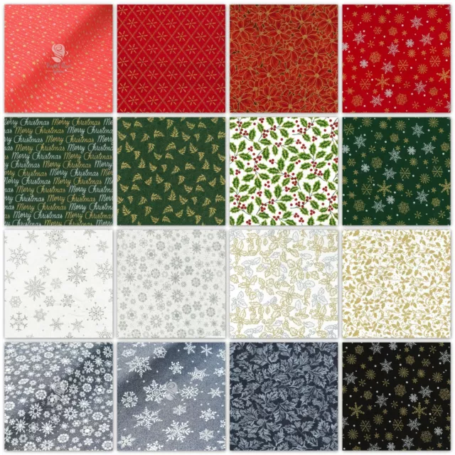 Festive Christmas Metallic 100% Cotton Fabric Glitter prints J Louden 110cm wide