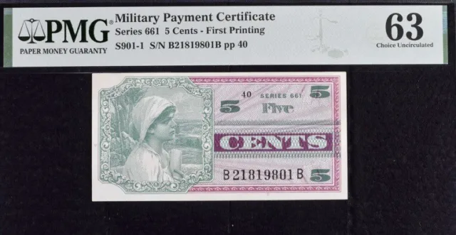 Military Payment Certificate 5 Cents Series 661 First Printing PMG 63 Unc Note