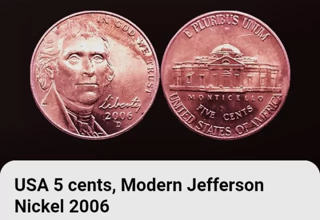 2006 D USA 5 Cent Coin BONUS OFFERS. Jefferson Nickel. Monticello, Five Cents.