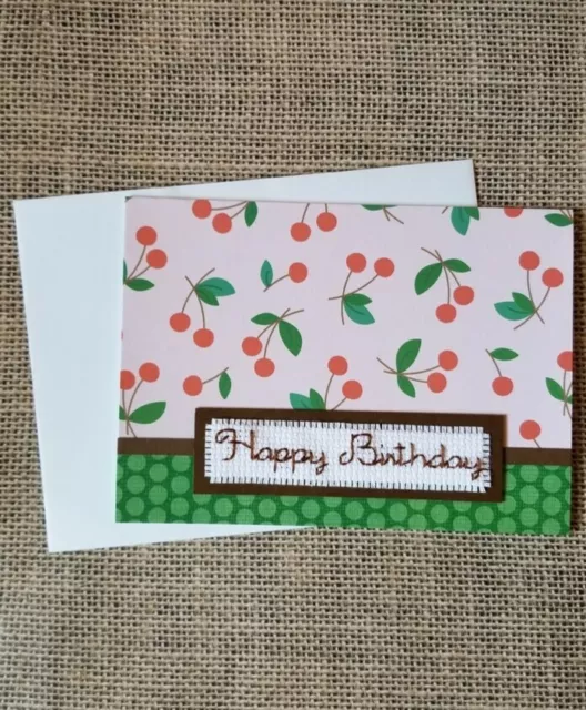 Stitched Happy Birthday Cherries Blank Greeting Note Card