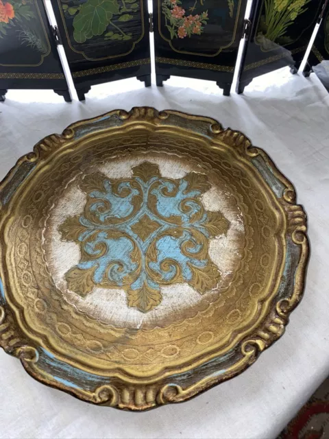 Vintage Italian Florentine decorative tray Gold And Duck Egg Blue Gorgeous Item