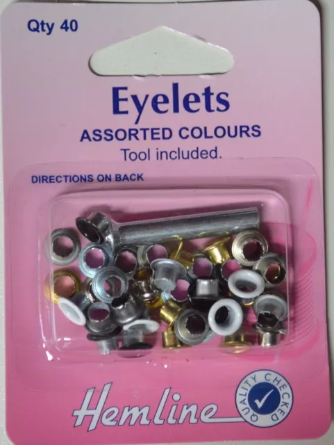 Hemline Eyelets, Assorted Colours, Tool Included, 40 Pieces, Directions On Pack