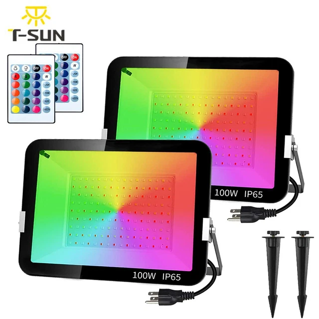 Paquete de 2 luces de inundación RGB de 100 W camino de seguridad jardín exterior con control remoto *STOCK DE EE. UU.*