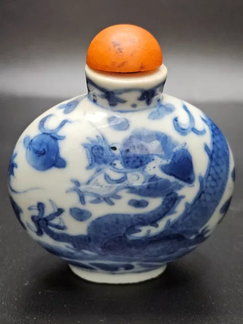 Antique Chinese Porcelain Blue & White Snuff Bottle w. Top and Marking on Bottom