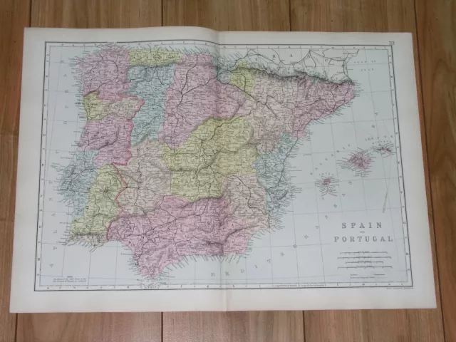 1891 Antique Map Of Spain Portugal Balearic Islands Barcelona Madrid Majorca