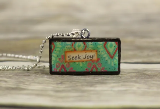 Seek Joy Necklace Pendant Reclaimed Mixed Media Art Jewelry Collage Green Orange