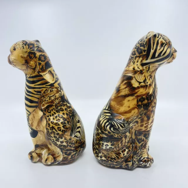 Pair Of La Vie Safari Patchwork Ceramic Animal Print Cat Figurine Cheetah X2 3