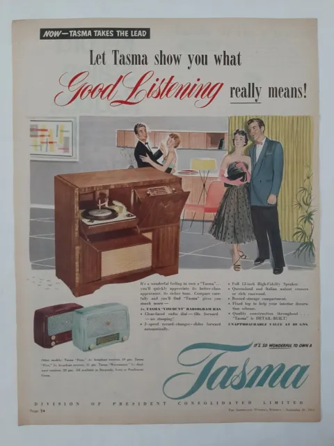 Vintage Australian advertising 1954 ad TASMA RADIO & RADIOGRAMS viscount art