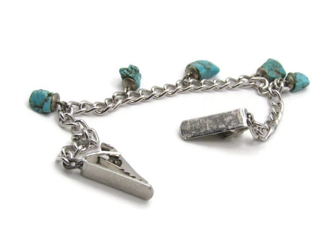 Blue Stone Charm Tie Clip Chain Modernist Vintage Silver Tone Design