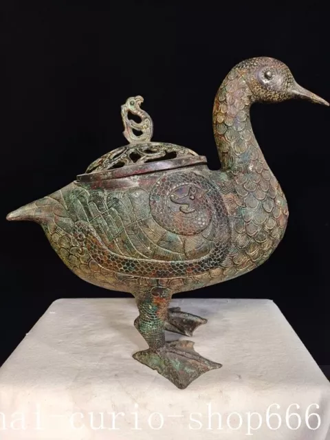 11"Old Chinese Bronze Ware Dynasty Palace fengshui Duck Bird Beast Zun Sculpture