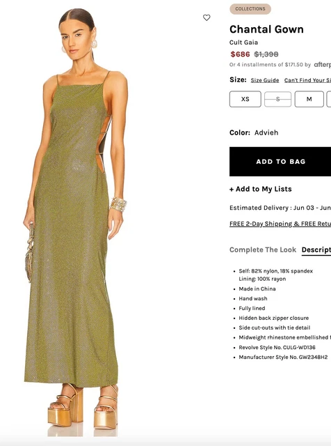 Cult Gaia Green Chantal Floorlength Gown Rhinestones, Side cut outs with ties