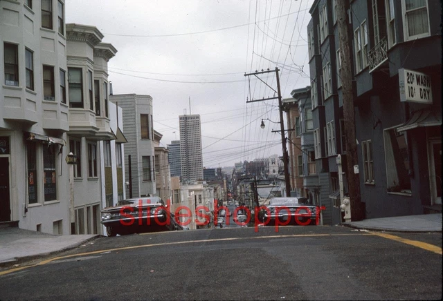 Slide Photo 1964 Unique View San Francisco Downtown Street Scene Cars Signs Shop