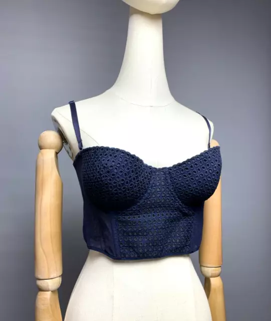 CHRISTIAN DIOR Lace Corset Bustier Womens Top Size 34 EU 75B Navy Blue CD Logo