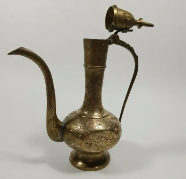9" Turkish Tea Pot Vintage Brass Persian Decorative Ornate Gold Etched Ewer