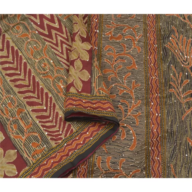 Sanskriti Vintage Brown Saree 100% Pure Silk Hand Beaded Kantha Sari Fabric