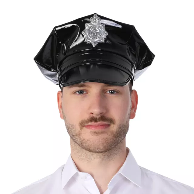 LEATHER POLICE HAT Fancy Dress Checkered Costume Kids Adults Hen Night ...