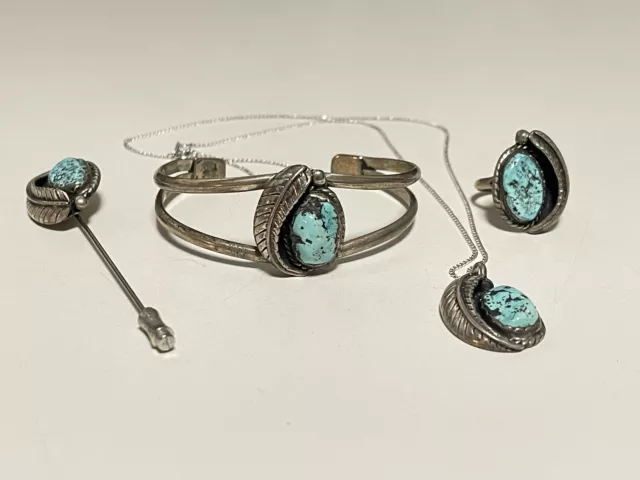 Sterling Silver &Turquoise 4pc SET Bracelet Ring Pendant Pin AZ estate Signed DS