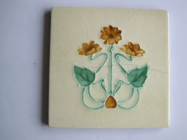 ANTIQUE RELIEF MOULDED & MAJOLICA GLAZED ART NOUVEAU TILE - H. RICHARDS - c1907