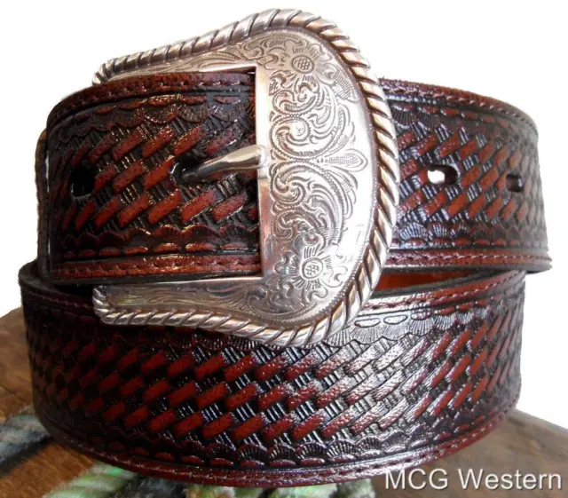 Nocona Western Mens Belt Leather Basketweave Brown N1010602