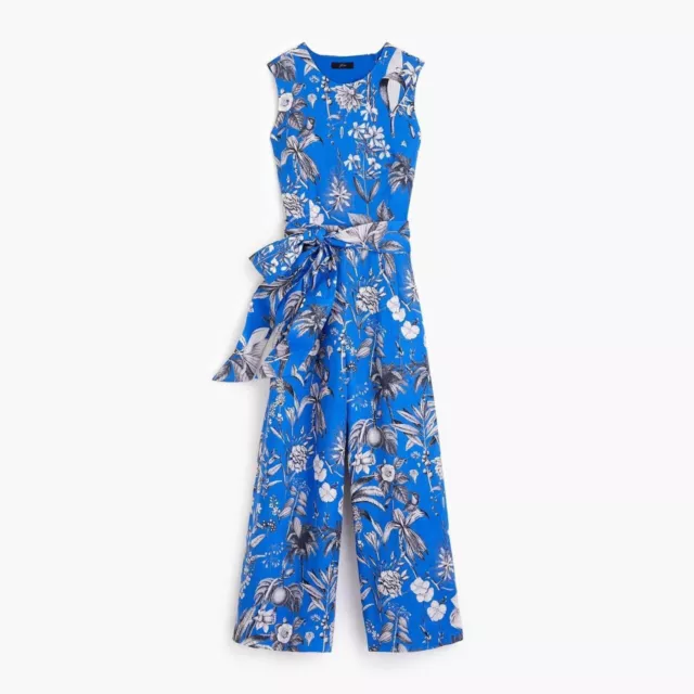 J. Crew blue linen wrap back jumpsuit in tropical toile print- size 14