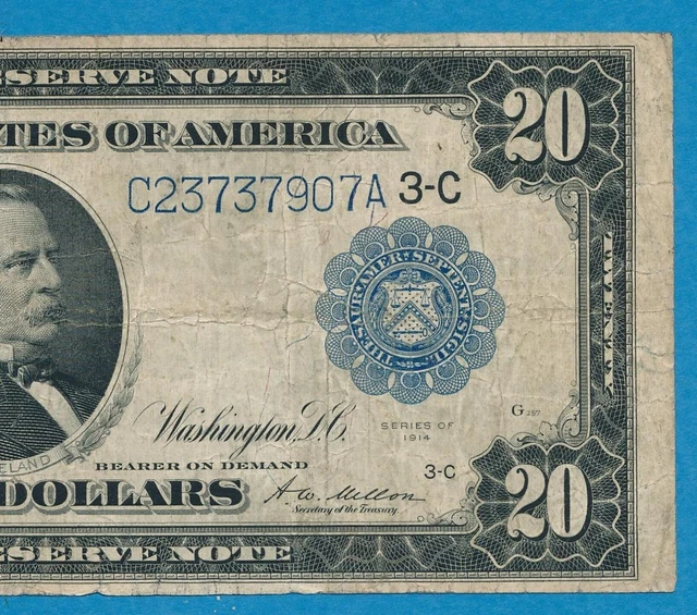 $20. 1914 Fr.975 Philadelphia  District Blue Seal Federal Reserve Note Vf