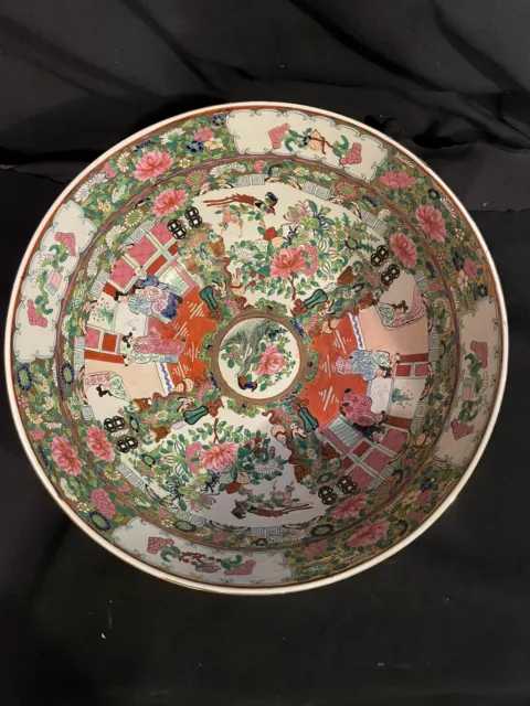 Chinese Export Famille Rose Medallion Large Punch Bowl,  14" X 6 1/2"  Wood Base