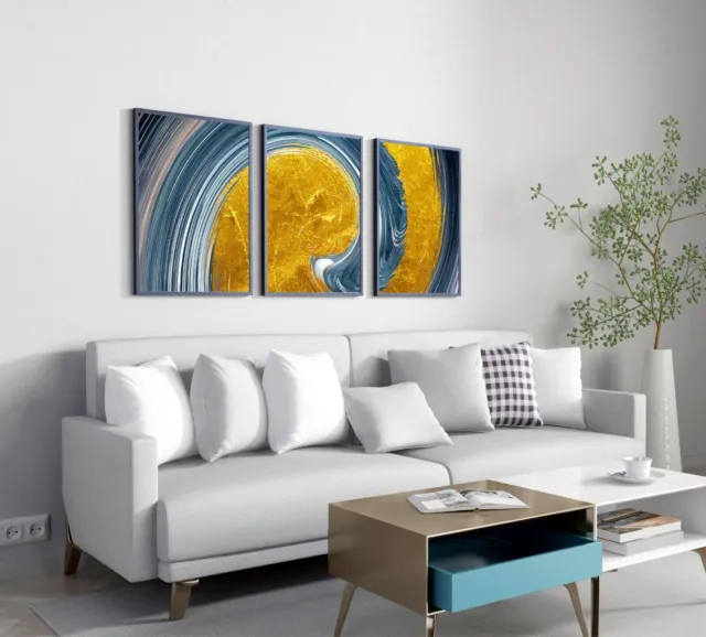 Canvas Oil Painting Yellow and Blue Abstract Modern Wall Painting Set Of 3