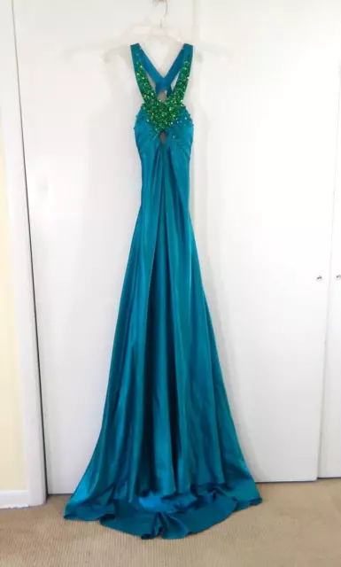 LA FEMME dress gown beaded satin backless train party special occasion teal 2