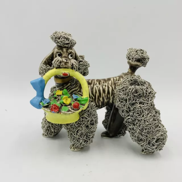 Vtg Spaghetti Poodle Figurine w/ Basket Japan Bow Tie Dark Grey Figurine Dog HTF