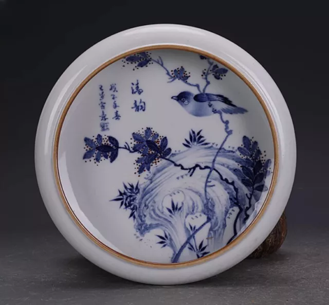 8.4" Collect Chinese Blue White Porcelain Flower Magpie Bird Brush Washer