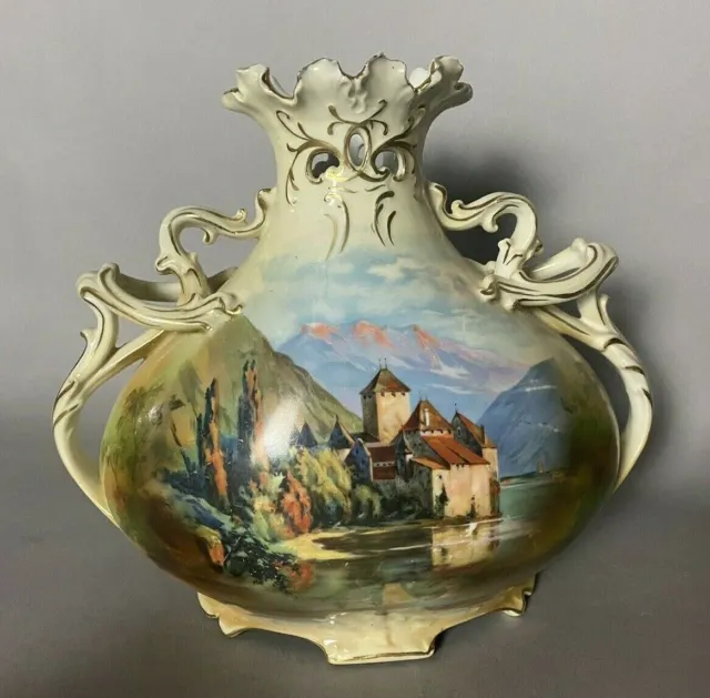 Vintage Antique Royal Bayreuth Porcelain Gilt Decorated Scenic Landscape Vase