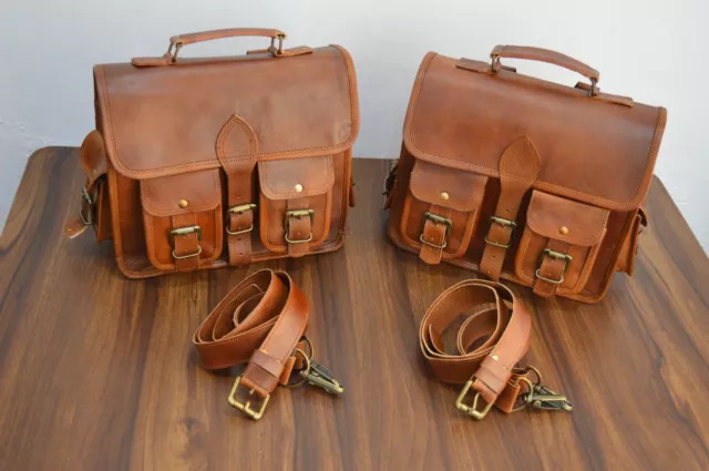 ONE Pair  Genuine Vintage Leather Motorcycle Saddle 2 Side Bag Brown Luggage