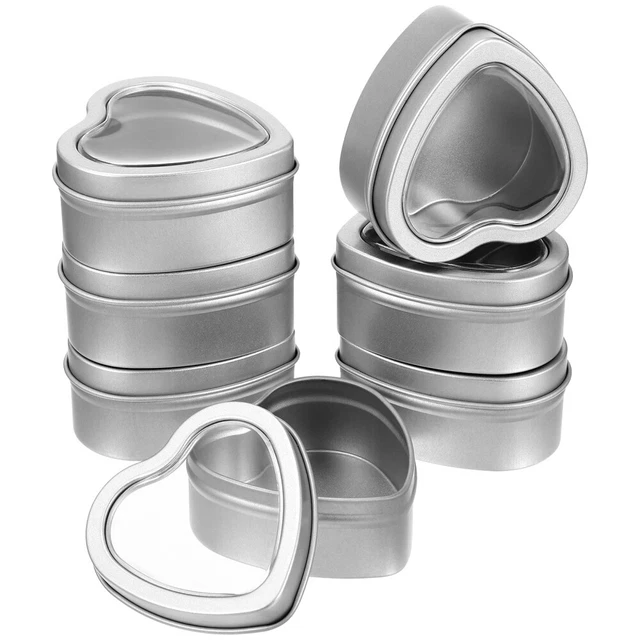 12 latas de metal vacías en forma de corazón con ventanas transparentes para hacer velas dulces