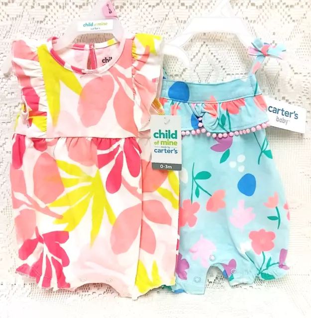 2 Infant Newborn BABY GIRL 0-3 mos ONE PIECE ROMPER Shorts Set by Carters