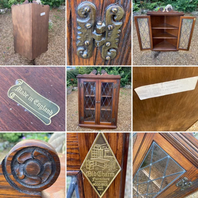 🌟Vintage Old Charm Oak 2 Door Leaded Glass Corner Display Cabinet Bookcase