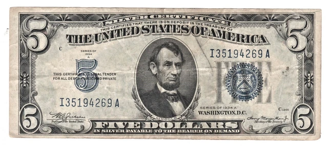 CRISP 1934 A Five Dollar Bill Silver Certificate Blue Seal Nicely Circulated!