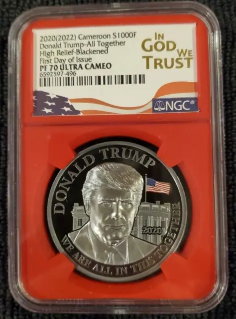 2020 (2022) Cameroon Donald Trump Ngc Pf70 Uc Fdoi Silver High Relief Antiqued