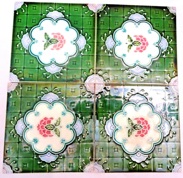 VINTAGE TILE CERAMIC PORCELAIN MAJOLICA ART NOUVEAU GEOMETRIC FLOWER DESIGN 4 Pc