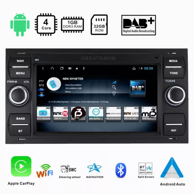 For Ford Focus Kuga Fiesta Transit Head Unit DAB Radio Stereo CarPlay Sat Nav BT