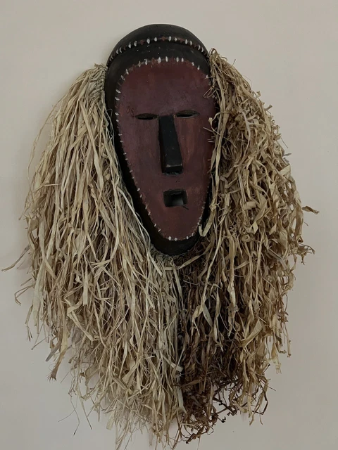 Lega Zaire African Tribal Art Mask Hand Carved Vintage / Antique Raffia Mane