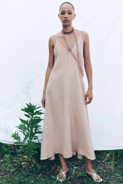 chinese dress ladies Zara Pink Tie Dye Linen Sleeveless Midi Dress