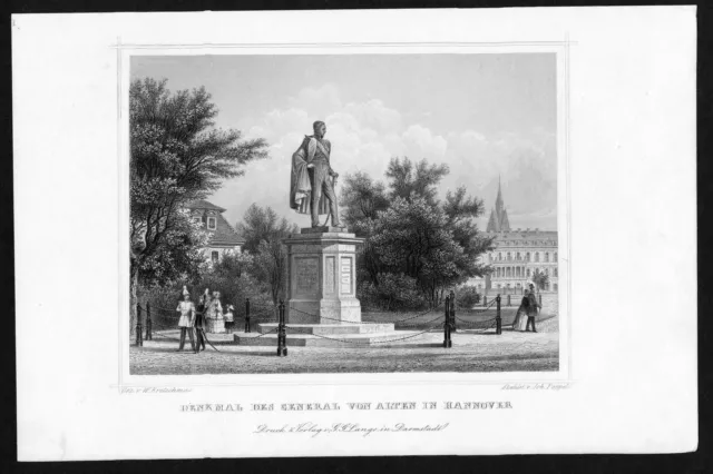 1840 - Hannover Denkmal General von Alten engraving Original Stahlstich